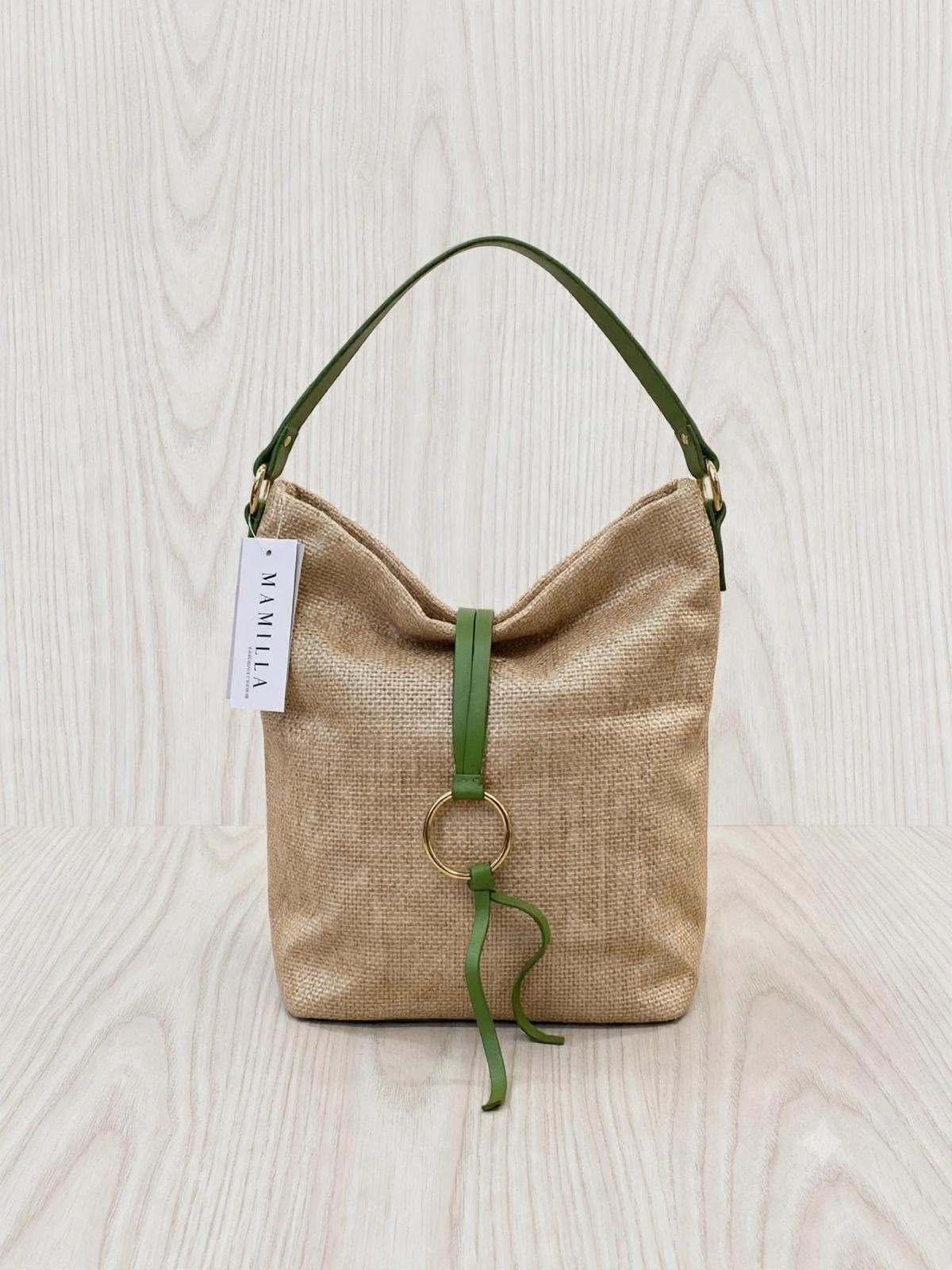 BORSA A SACCO MAMILLA OROBEIGE con VERDE